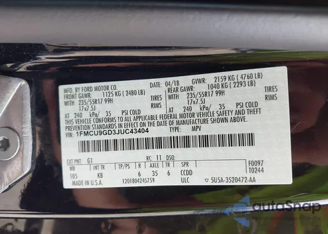 2018 Ford Escape Se из США, поврежденный, VIN 1FMCU9GD3JUC43404